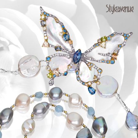 Серебряный брошь-кулон с перламутром и фианитами