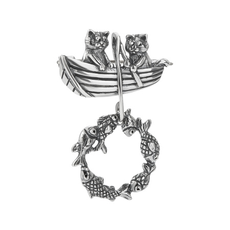 Брошь-кулон из серебра «Большая рыбалка» коты и рыба