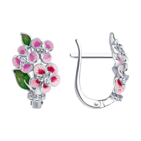 Серьги из серебра с фианитами и эмалью «Цветы»