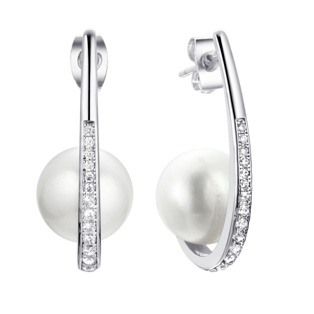 Серьги-пусеты из серебра с жемчугом и фианитами