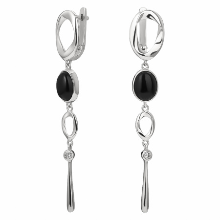 Серебряные серьги с черным агатом и фианитом