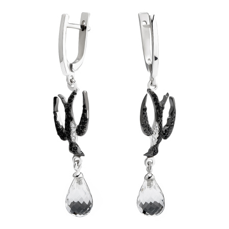 Длинные серебряные серьги «Ласточки» с горным хрусталем и фианитами