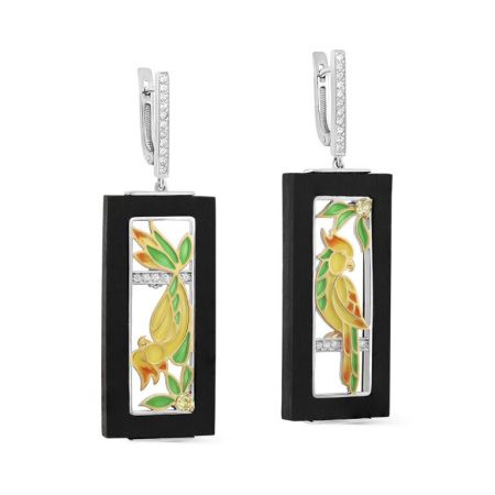 Серьги из серебра с деревом, эмалью и фианитами «Попугай»