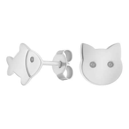 Серьги пуссеты серебряные «Кот с рыбой»