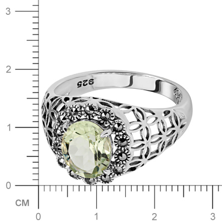 Серебряное кольцо с зеленым аметистом и марказитами Swarovski