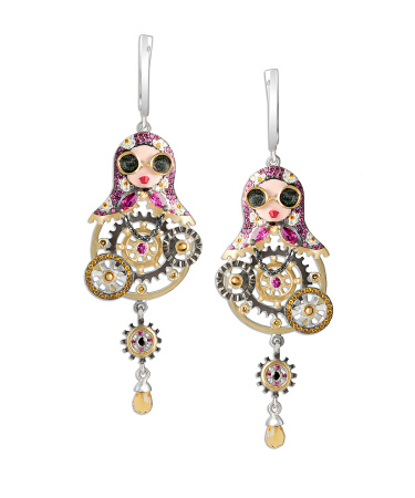 Серьги из серебра с цитрином и фианитами «Матрешки»