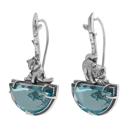 Серьги серебро 925 Озеро надежды Кот рыбалка с синим перунитом