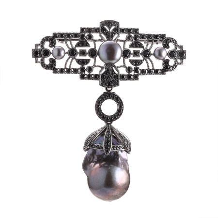 Брошь-подвеска из серебра с жемчугом и фианитами