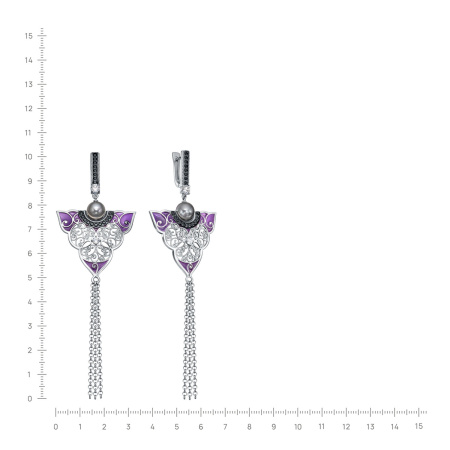 Серьги из серебра с жемчугом, шпинелью, фианитами и эмалью