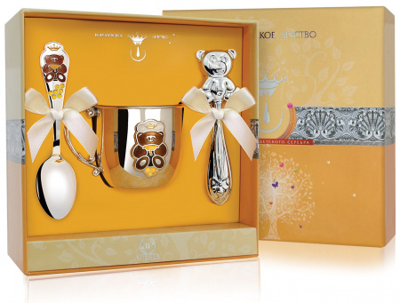 Серебряный набор «Мишка» кружка, ложка и погремушка