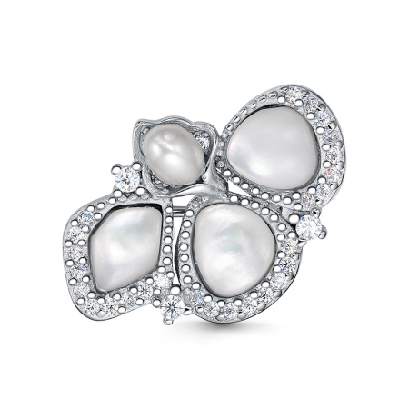 Брошь из серебра с перламутром, жемчугом и фианитами