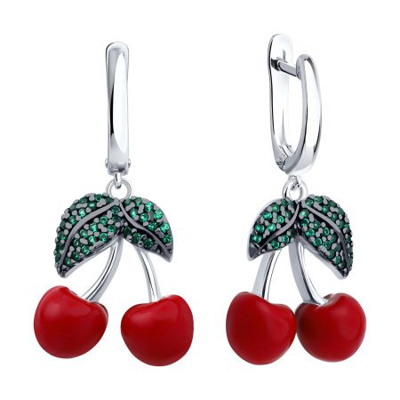 Серебряные серьги с эмалью и фианитами «Вишня»