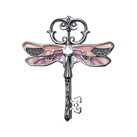 Себебряная брошь с эмалью «Стрекоза с ключом»