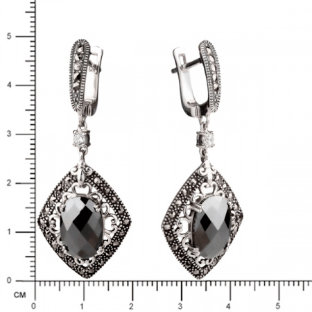 Серебряные серьги с гематитом, марказитами Swarovski и фианитами