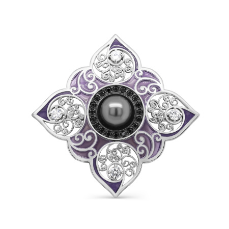 Серебряная брошь с жемчугом, шпинелью, фианитами и эмалью