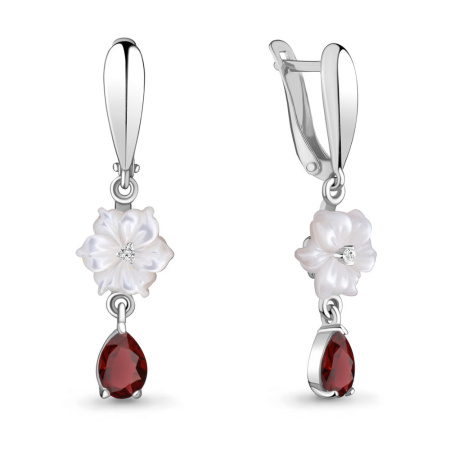 Серьги из серебра с гранатами, перламутром и фианитами «Цветы»
