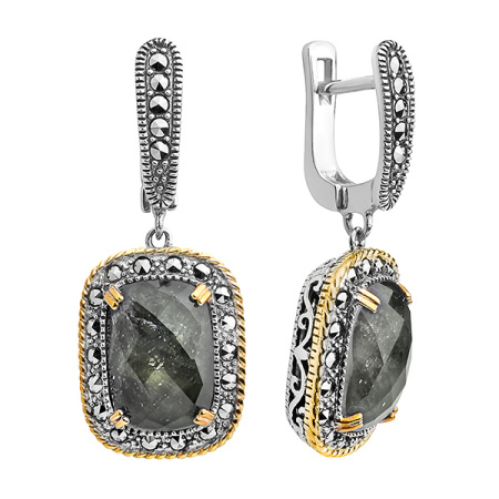 Серебряные серьги с лабродоритом, горным хрусталем, марказитами Swarovski и позолотой