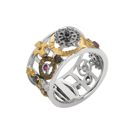 Кольцо в стиле «стим-панк» с фианитами в позолоте