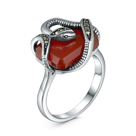 Кольцо из серебра с агатом и марказитами «Змея»
