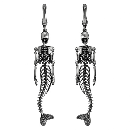 Серьги серебро 925 скелет русалки череп длинные