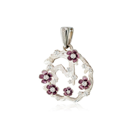 Серебряная подвеска с эмалью и фианитами «Ветка сакуры»