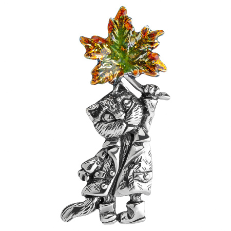 Брошь из серебра 925 Кот осенний с кленом