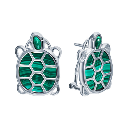 Серебряные серьги с малахитом и фианитом «Черепашка»