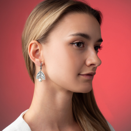 Серебряные серьги с жемчугом «Жар-птица» кокошник с жемчугом