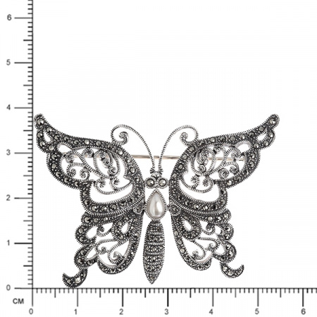 Серебряная брошь с марказитами Swarovski и жемчугом