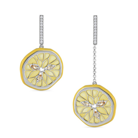 Серьги из серебра с цитрином, фианитами и эмалью «Лимон»