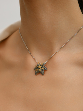 Серебряный кулон на цепи с цитрином, марказитами Swarovski и позолотой