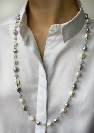 Бусы из жемчуга, аквамарина и серебра