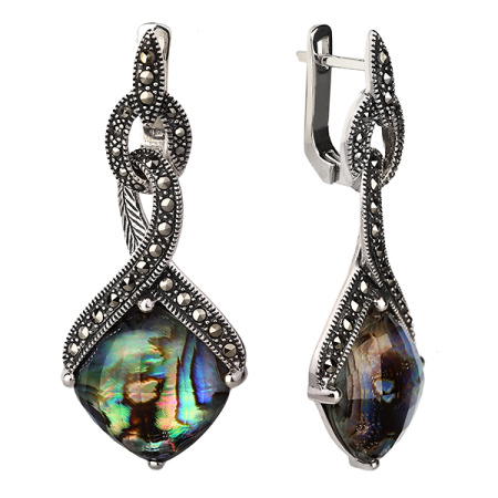 Серебряные серьги с перламутром, горным хрусталем и марказитами Swarovski