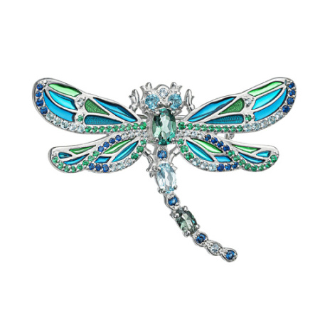 Брошь из серебра «Стрекоза» с витражной эмалью, топазами и зелеными кварцами