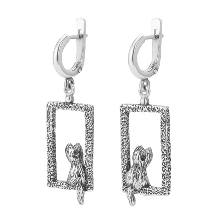 Серебряные серьги «Одиночество» кошка на окошке