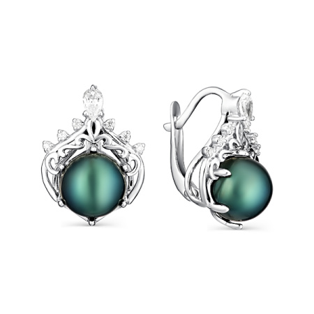 Серебряные серьги с черным жемчугом и фианитами