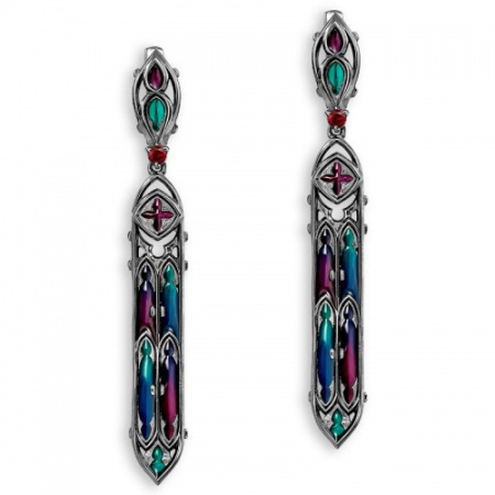 Серебряные серьги с витражной эмалью и гранатами