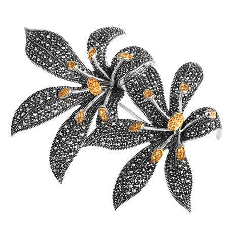 Серебряная брошь Alexandre Vassiliev с цитрином, марказитами Swarovski и позолотой