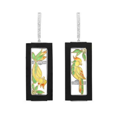 Серьги из серебра с деревом, эмалью и фианитами «Попугай»