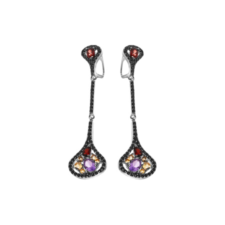 Серьги из серебра с гранатами,аметистами, цитринами и шпинелью