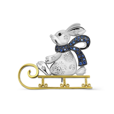 Серебряная брошь с фианитами «Заяц на санках»
