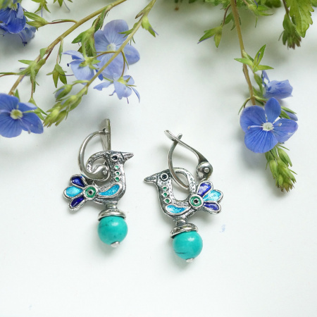 Серебряные серьги с эмалью и бирюзой «Птички»