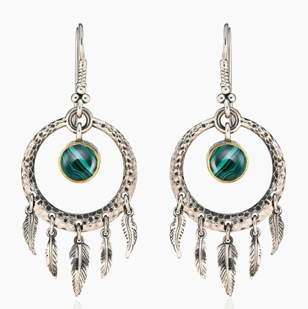 Серебряные серьги «Малахитовый Ловец Снов»