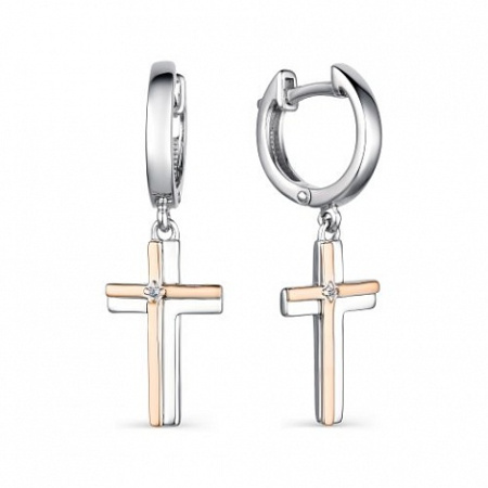 Серебряные серьги «Крестик» с бриллиантом и позолотой