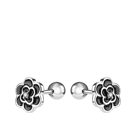 Серебряные серьги-пусеты с эмалью и фианитом «Цветок»