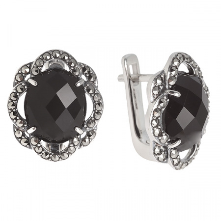 Серебряные серьги с черным ониксом и марказитами Swarovski