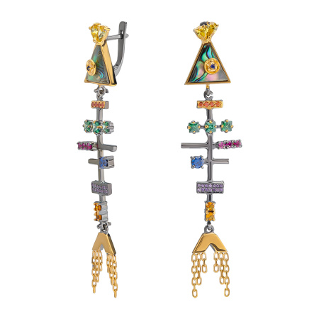 Серьги из серебра с фианитами, перламутром и танзанитом «Рыбки»