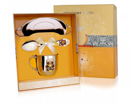 Серебряный набор «Мишка» блюдце, кружка, ложка