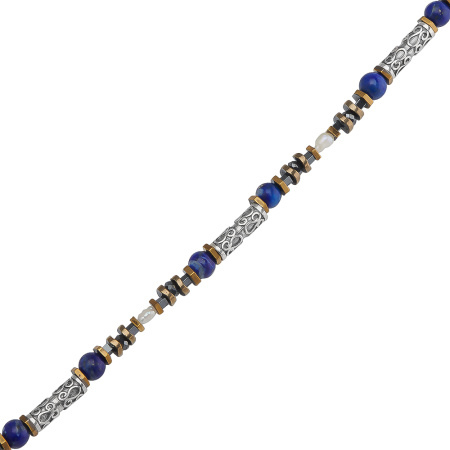 Браслет женский из серебра с лазуритом, жемчугом и гематитом