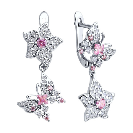 Серьги из серебра с фианитами «Бабочка на цветке»